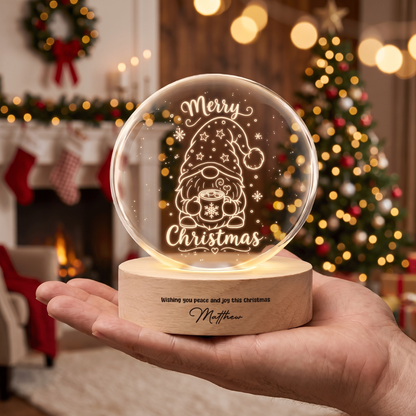 Custom Christmas Gnome Hot Cocoa 3D Laser Engraved Crystal Ball with LED Wooden Standee, Personalized Name Holiday Night Light Keepsake