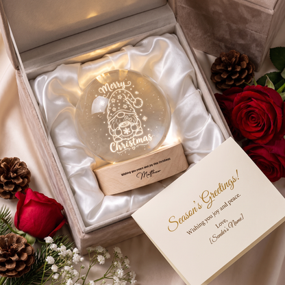 Custom Christmas Gnome Hot Cocoa 3D Laser Engraved Crystal Ball with LED Wooden Standee, Personalized Name Holiday Night Light Keepsake