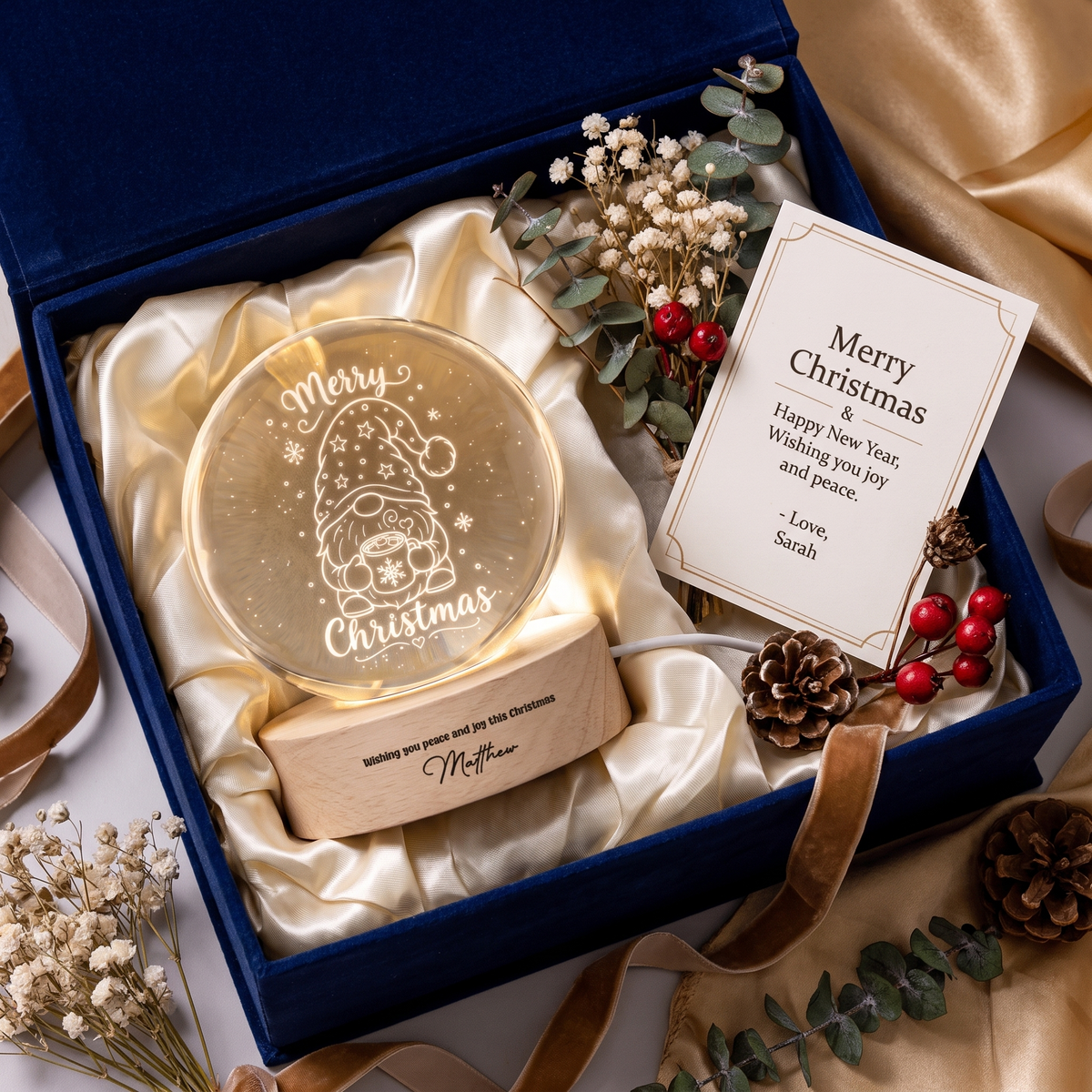 Custom Christmas Gnome Hot Cocoa 3D Laser Engraved Crystal Ball with LED Wooden Standee, Personalized Name Holiday Night Light Keepsake