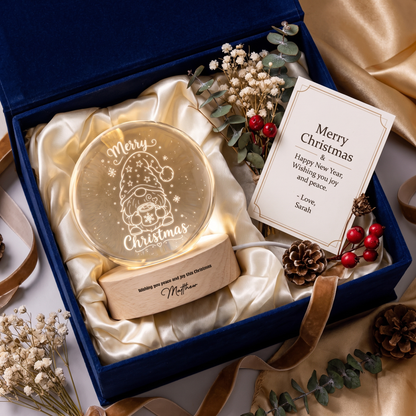 Custom Christmas Gnome Hot Cocoa 3D Laser Engraved Crystal Ball with LED Wooden Standee, Personalized Name Holiday Night Light Keepsake
