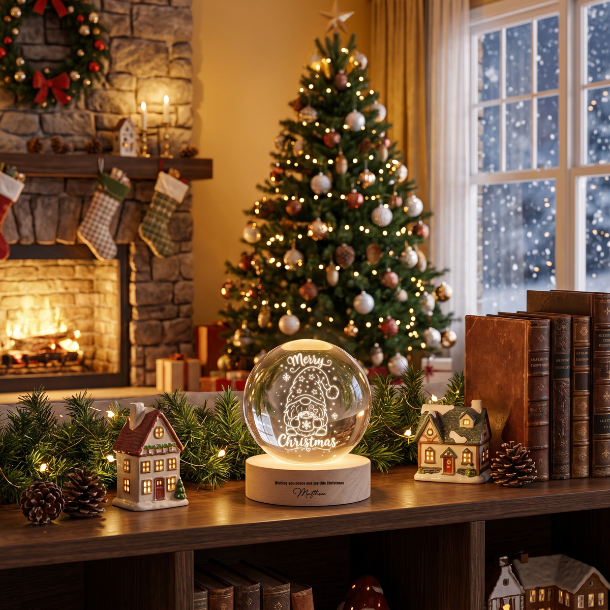 Custom Christmas Gnome Hot Cocoa 3D Laser Engraved Crystal Ball with LED Wooden Standee, Personalized Name Holiday Night Light Keepsake