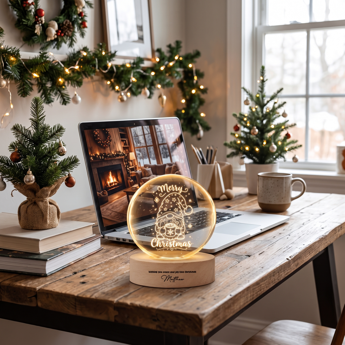 Custom Christmas Gnome Hot Cocoa 3D Laser Engraved Crystal Ball with LED Wooden Standee, Personalized Name Holiday Night Light Keepsake