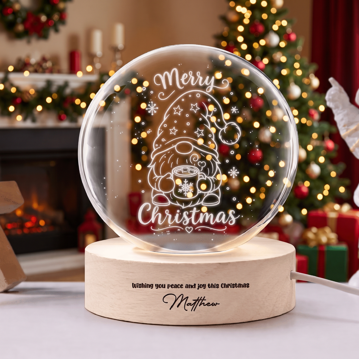 Custom Christmas Gnome Hot Cocoa 3D Laser Engraved Crystal Ball with LED Wooden Standee, Personalized Name Holiday Night Light Keepsake