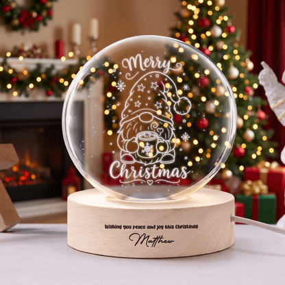 Custom Christmas Gnome Hot Cocoa 3D Laser Engraved Crystal Ball with LED Wooden Standee, Personalized Name Holiday Night Light Keepsake