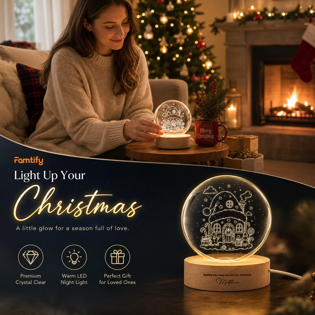 Custom Santa Hat Cozy House 3D Laser Engraved Crystal Ball with LED Wooden Standee, Personalized Name Holiday Night Light Keepsake