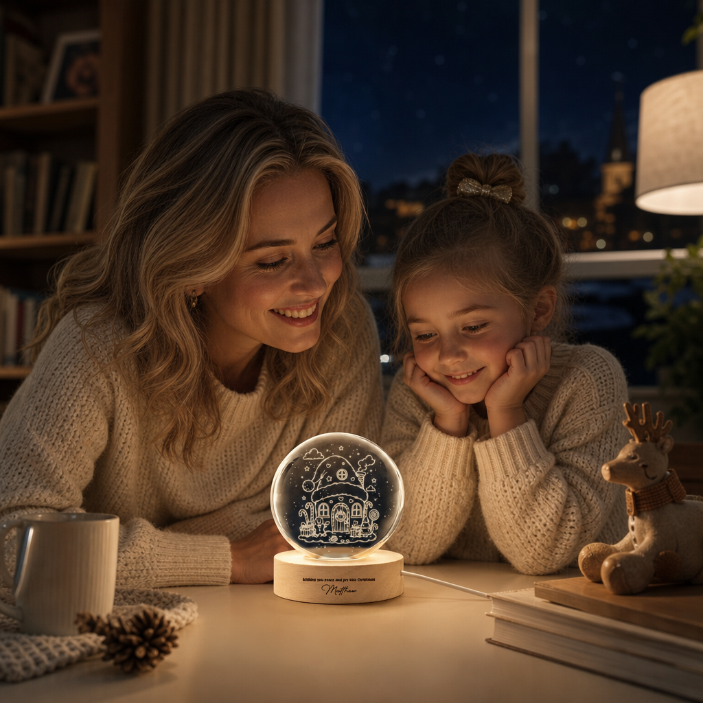Custom Santa Hat Cozy House 3D Laser Engraved Crystal Ball with LED Wooden Standee, Personalized Name Holiday Night Light Keepsake