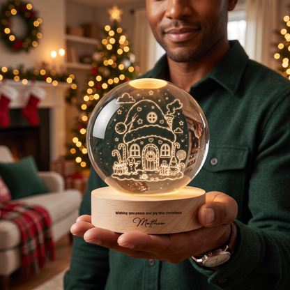Custom Santa Hat Cozy House 3D Laser Engraved Crystal Ball with LED Wooden Standee, Personalized Name Holiday Night Light Keepsake