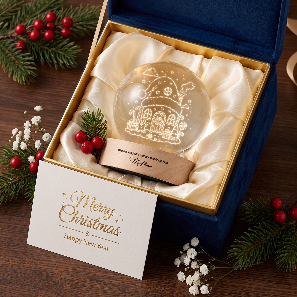 Custom Santa Hat Cozy House 3D Laser Engraved Crystal Ball with LED Wooden Standee, Personalized Name Holiday Night Light Keepsake