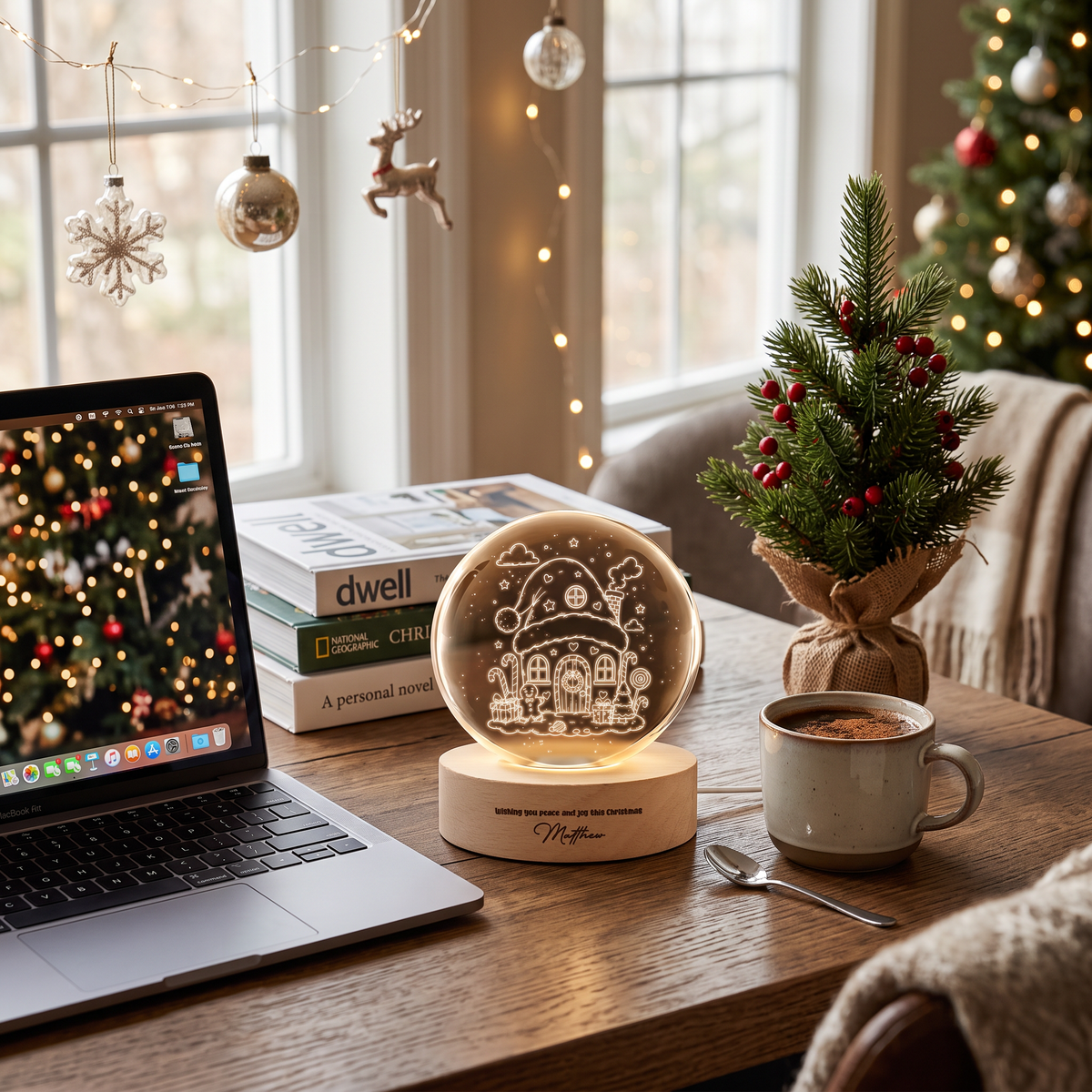 Custom Santa Hat Cozy House 3D Laser Engraved Crystal Ball with LED Wooden Standee, Personalized Name Holiday Night Light Keepsake