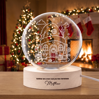 Custom Santa Hat Cozy House 3D Laser Engraved Crystal Ball with LED Wooden Standee, Personalized Name Holiday Night Light Keepsake