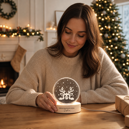 Custom Peeking Reindeer Snowflake 3D Laser Engraved Crystal Ball with LED Wooden Standee, Personalized Name Holiday Night Light Keepsake