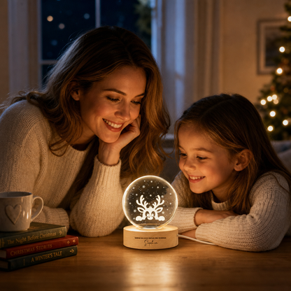 Custom Peeking Reindeer Snowflake 3D Laser Engraved Crystal Ball with LED Wooden Standee, Personalized Name Holiday Night Light Keepsake