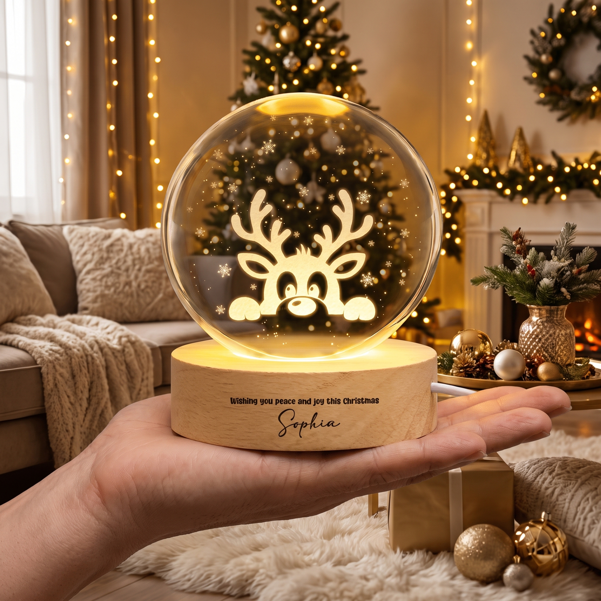Custom Peeking Reindeer Snowflake 3D Laser Engraved Crystal Ball with LED Wooden Standee, Personalized Name Holiday Night Light Keepsake