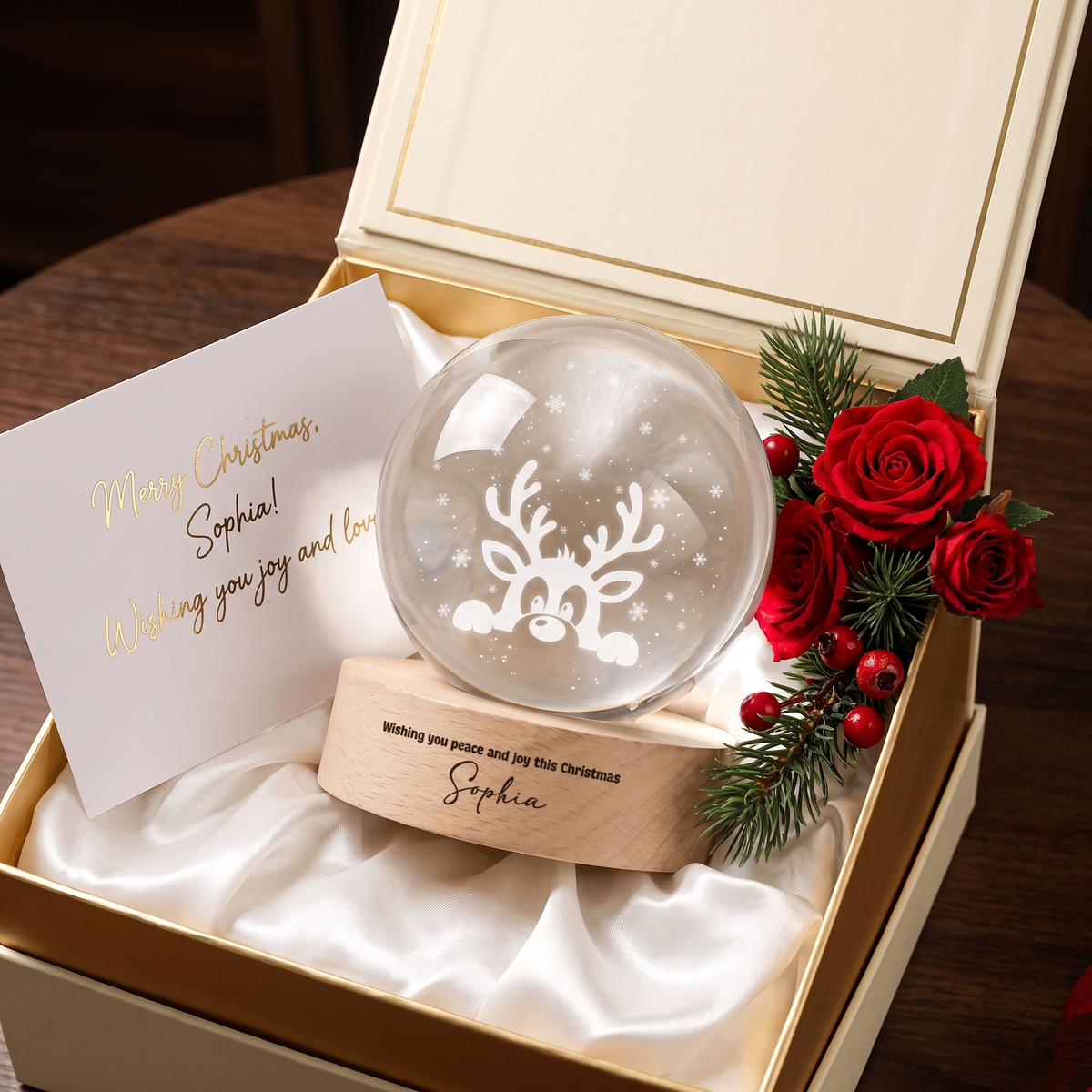 Custom Peeking Reindeer Snowflake 3D Laser Engraved Crystal Ball with LED Wooden Standee, Personalized Name Holiday Night Light Keepsake