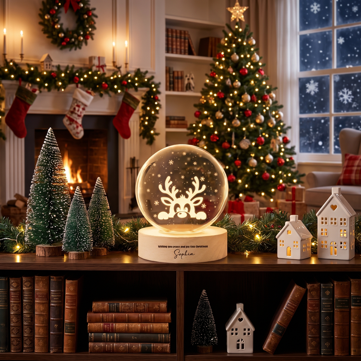 Custom Peeking Reindeer Snowflake 3D Laser Engraved Crystal Ball with LED Wooden Standee, Personalized Name Holiday Night Light Keepsake