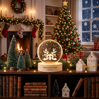 Custom Peeking Reindeer Snowflake 3D Laser Engraved Crystal Ball with LED Wooden Standee, Personalized Name Holiday Night Light Keepsake