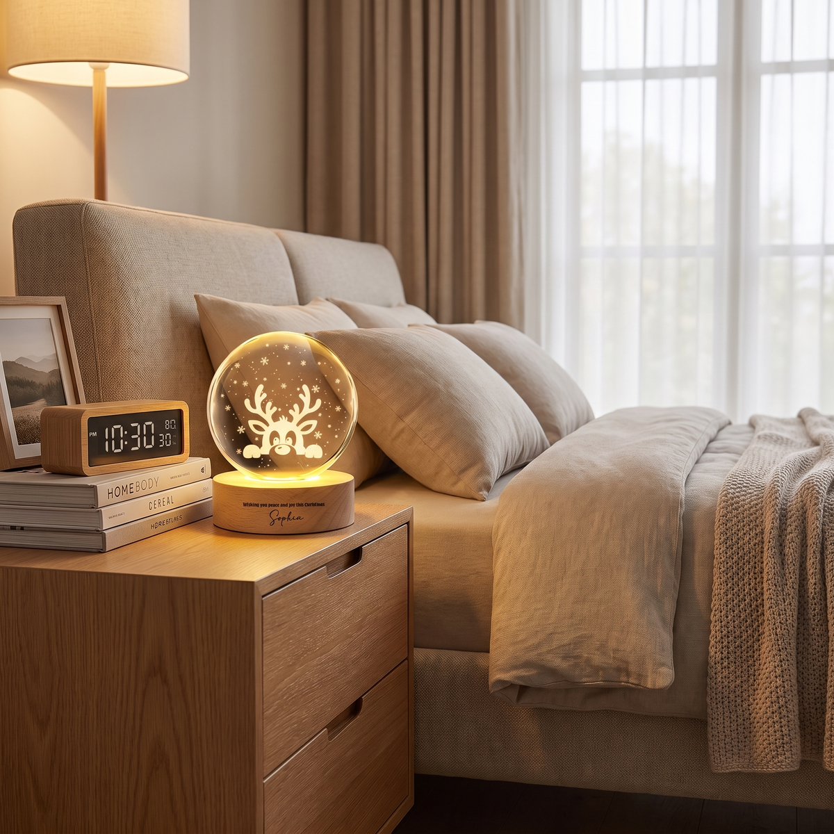 Custom Peeking Reindeer Snowflake 3D Laser Engraved Crystal Ball with LED Wooden Standee, Personalized Name Holiday Night Light Keepsake