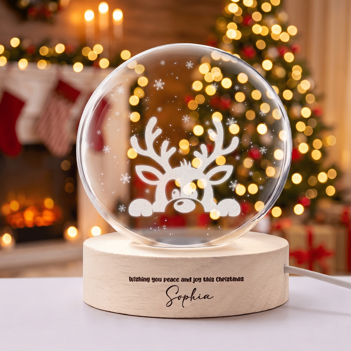 Custom Peeking Reindeer Snowflake 3D Laser Engraved Crystal Ball with LED Wooden Standee, Personalized Name Holiday Night Light Keepsake