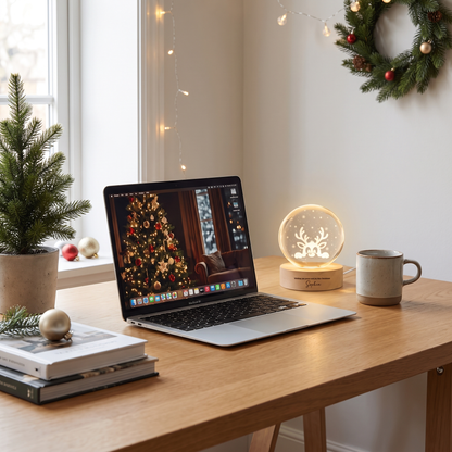 Custom Peeking Reindeer Snowflake 3D Laser Engraved Crystal Ball with LED Wooden Standee, Personalized Name Holiday Night Light Keepsake