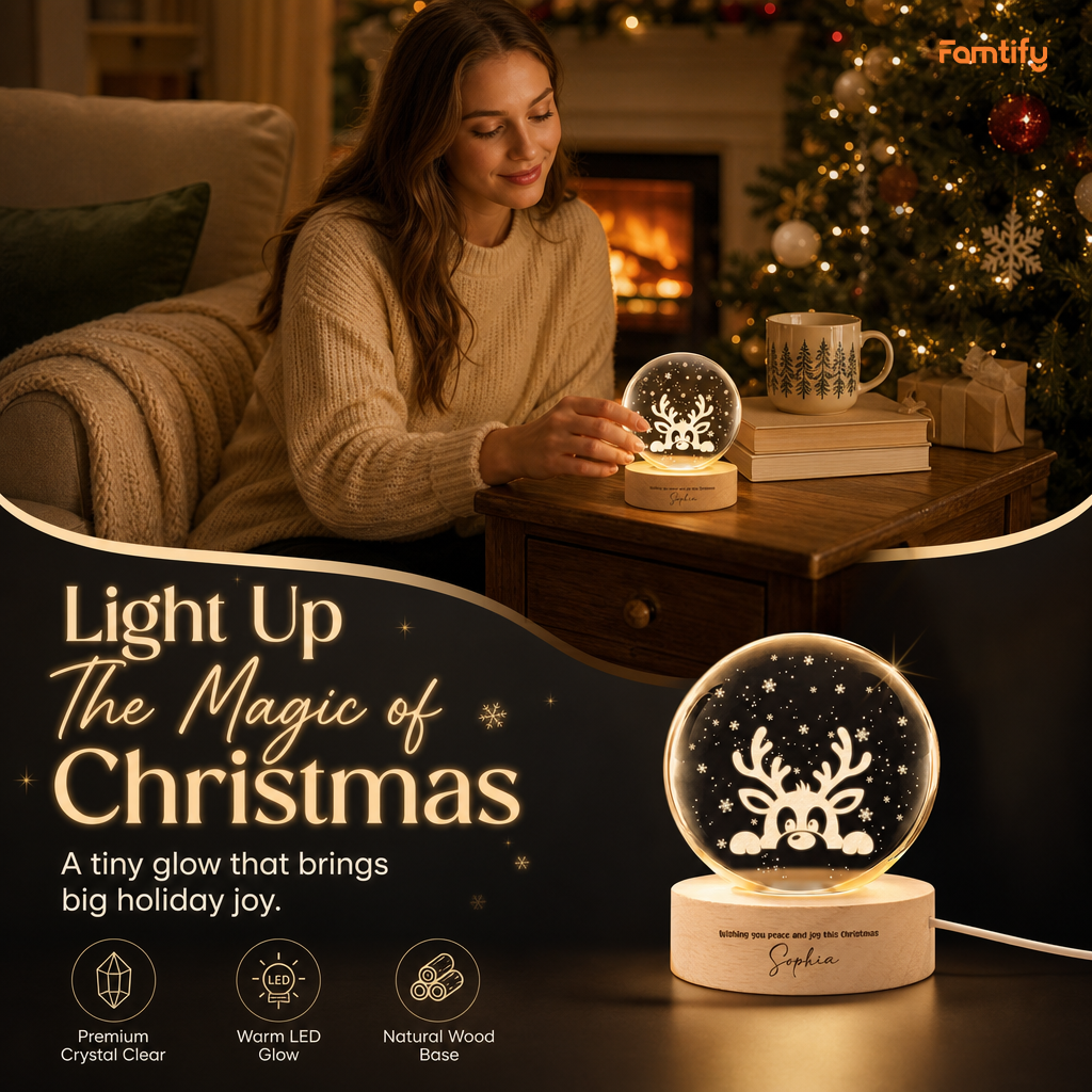 Custom Peeking Reindeer Snowflake 3D Laser Engraved Crystal Ball with LED Wooden Standee, Personalized Name Holiday Night Light Keepsake