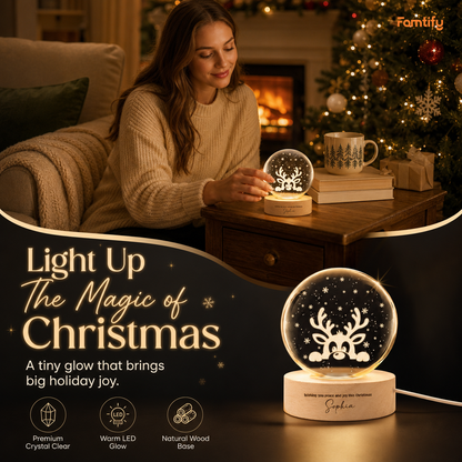 Custom Peeking Reindeer Snowflake 3D Laser Engraved Crystal Ball with LED Wooden Standee, Personalized Name Holiday Night Light Keepsake