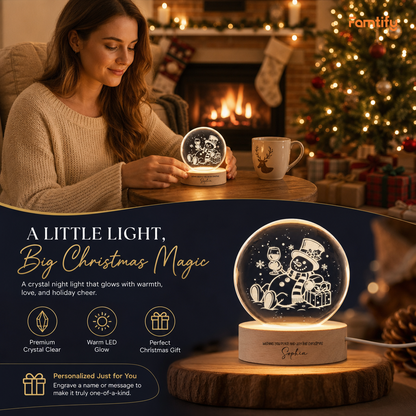 Custom Relaxing Snowman Wine Glass 3D Laser Engraved Crystal Ball with LED Wooden Standee, Personalized Name Holiday Night Light Keepsake