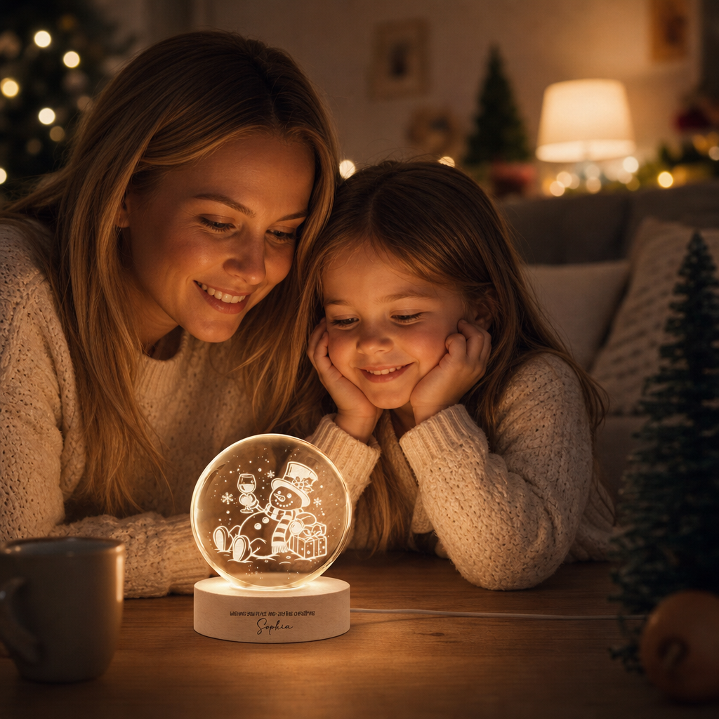 Custom Relaxing Snowman Wine Glass 3D Laser Engraved Crystal Ball with LED Wooden Standee, Personalized Name Holiday Night Light Keepsake