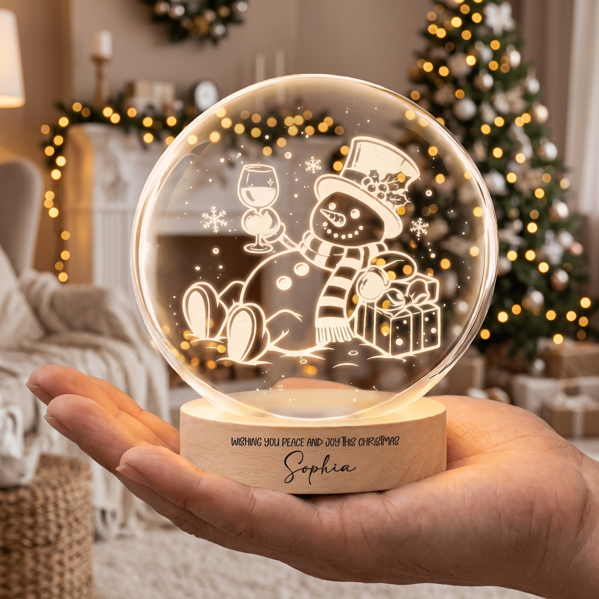 Custom Relaxing Snowman Wine Glass 3D Laser Engraved Crystal Ball with LED Wooden Standee, Personalized Name Holiday Night Light Keepsake