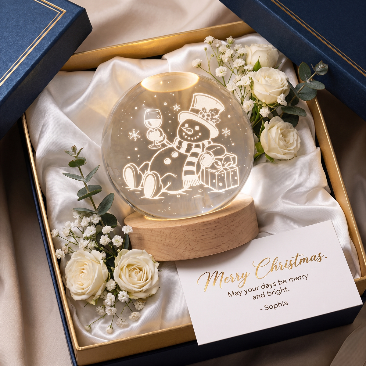 Custom Relaxing Snowman Wine Glass 3D Laser Engraved Crystal Ball with LED Wooden Standee, Personalized Name Holiday Night Light Keepsake