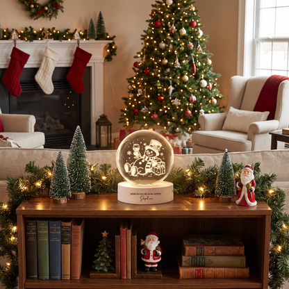 Custom Relaxing Snowman Wine Glass 3D Laser Engraved Crystal Ball with LED Wooden Standee, Personalized Name Holiday Night Light Keepsake