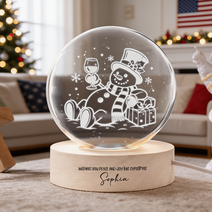Custom Relaxing Snowman Wine Glass 3D Laser Engraved Crystal Ball with LED Wooden Standee, Personalized Name Holiday Night Light Keepsake