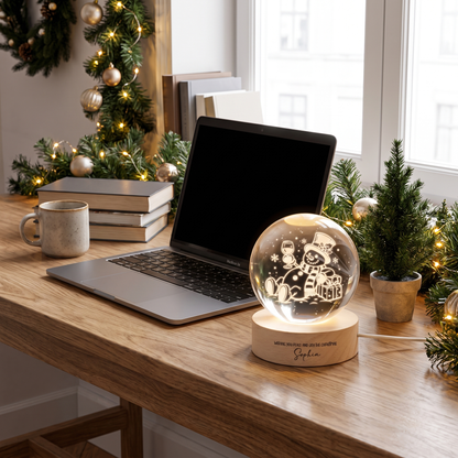 Custom Relaxing Snowman Wine Glass 3D Laser Engraved Crystal Ball with LED Wooden Standee, Personalized Name Holiday Night Light Keepsake