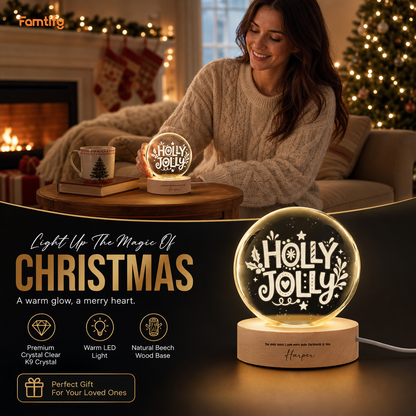 Custom Holly Jolly Typography 3D Laser Engraved Crystal Ball with LED Wooden Standee, Personalized Name Holiday Night Light Keepsake