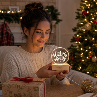 Custom Holly Jolly Typography 3D Laser Engraved Crystal Ball with LED Wooden Standee, Personalized Name Holiday Night Light Keepsake