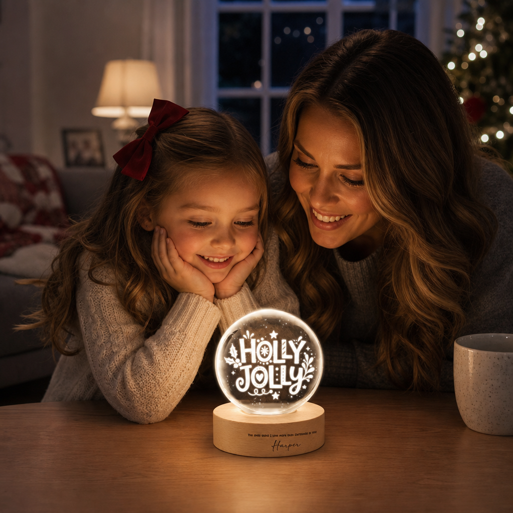 Custom Holly Jolly Typography 3D Laser Engraved Crystal Ball with LED Wooden Standee, Personalized Name Holiday Night Light Keepsake