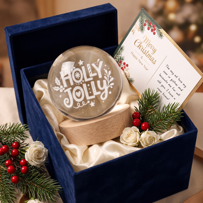 Custom Holly Jolly Typography 3D Laser Engraved Crystal Ball with LED Wooden Standee, Personalized Name Holiday Night Light Keepsake
