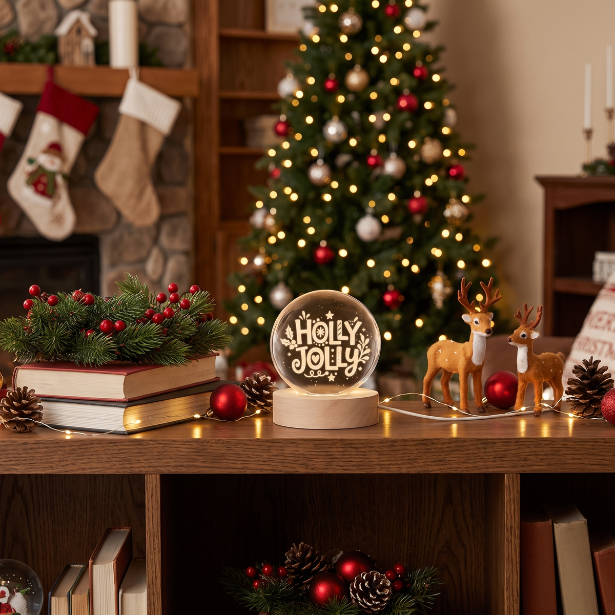 Custom Holly Jolly Typography 3D Laser Engraved Crystal Ball with LED Wooden Standee, Personalized Name Holiday Night Light Keepsake