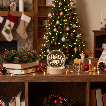 Custom Holly Jolly Typography 3D Laser Engraved Crystal Ball with LED Wooden Standee, Personalized Name Holiday Night Light Keepsake