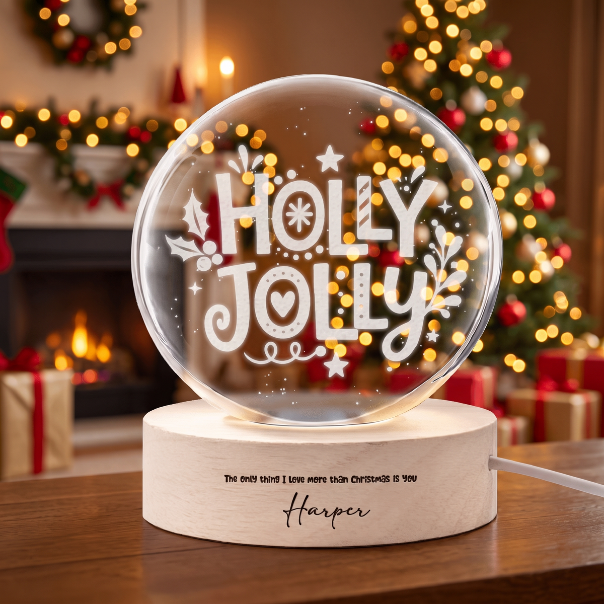 Custom Holly Jolly Typography 3D Laser Engraved Crystal Ball with LED Wooden Standee, Personalized Name Holiday Night Light Keepsake