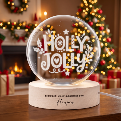 Custom Holly Jolly Typography 3D Laser Engraved Crystal Ball with LED Wooden Standee, Personalized Name Holiday Night Light Keepsake