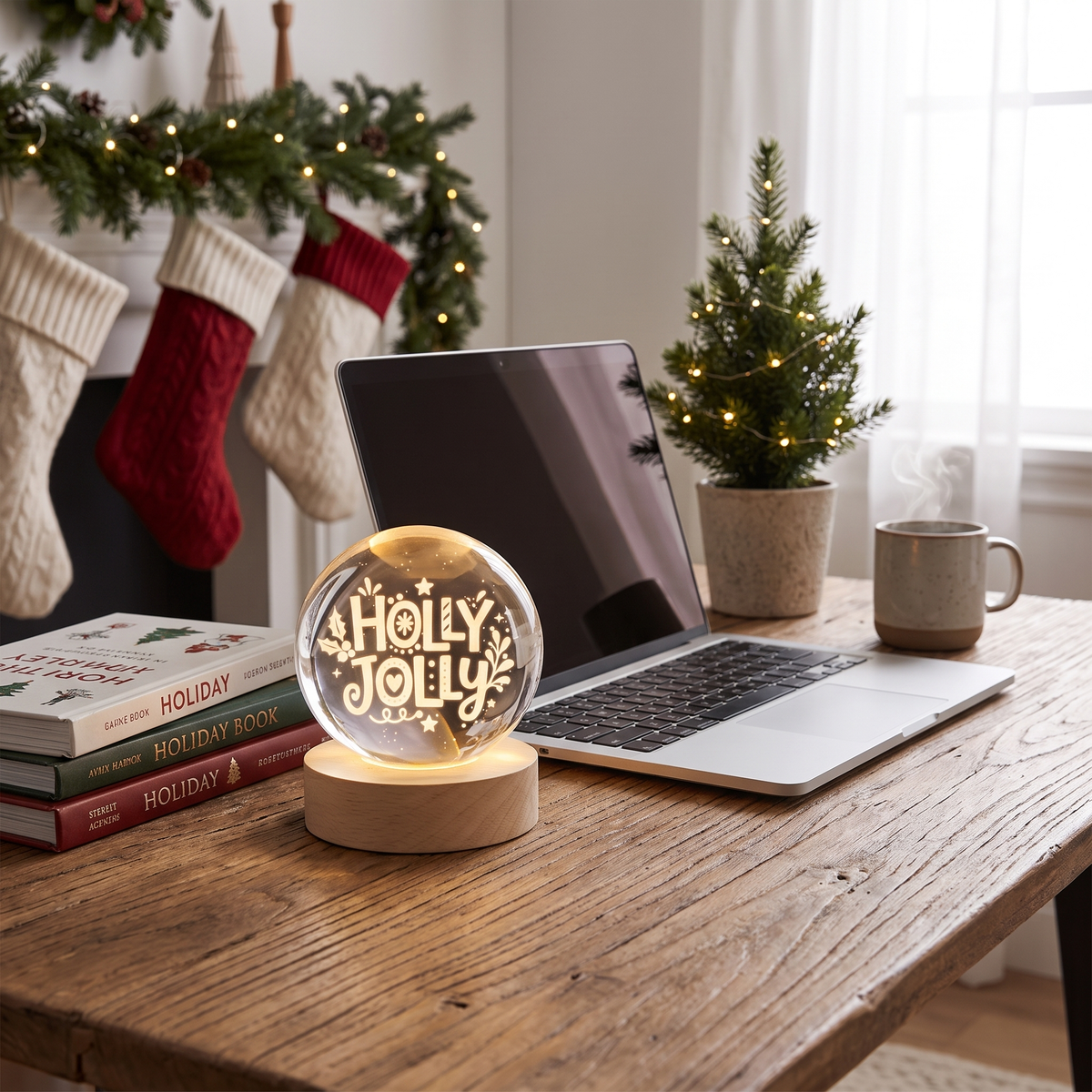 Custom Holly Jolly Typography 3D Laser Engraved Crystal Ball with LED Wooden Standee, Personalized Name Holiday Night Light Keepsake