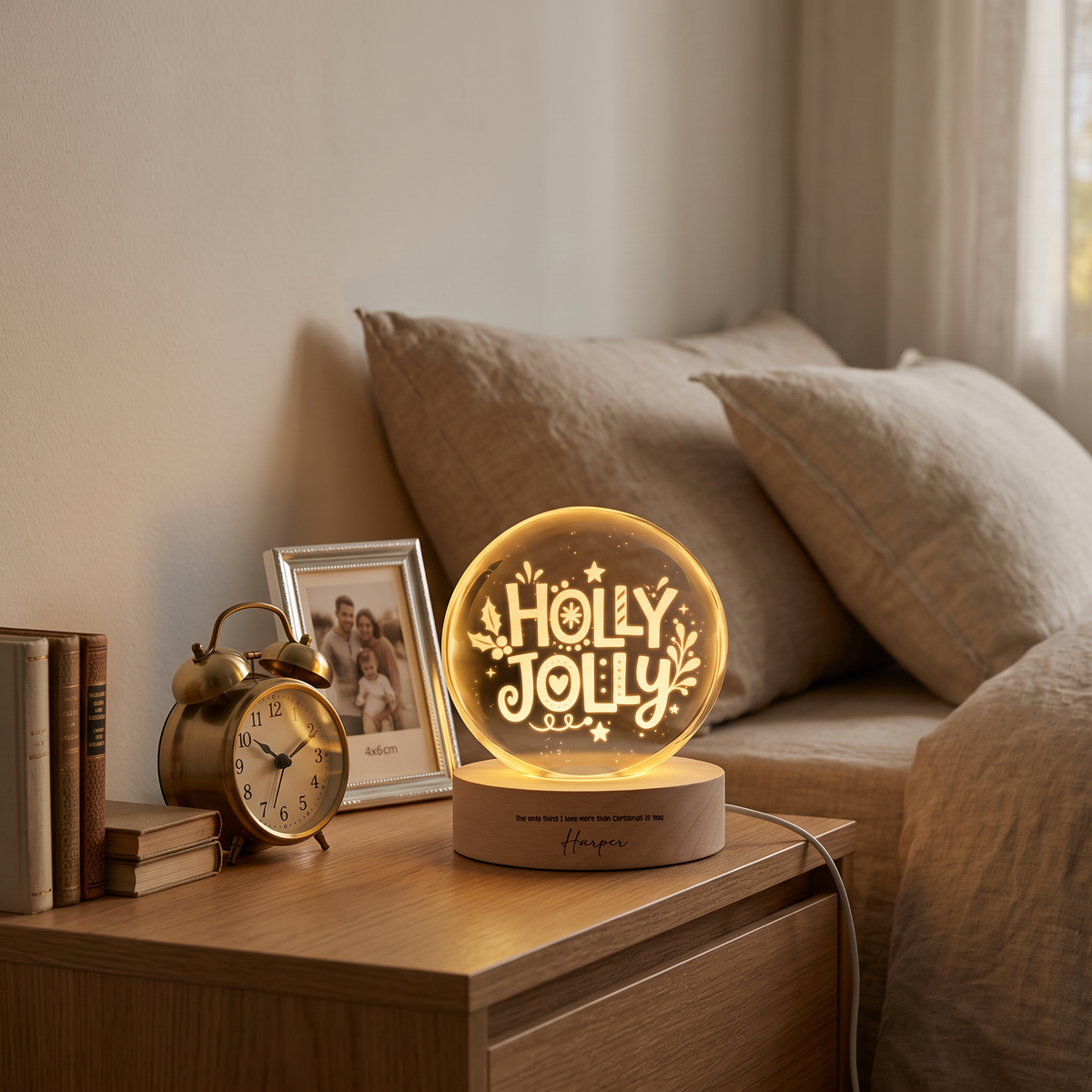 Custom Holly Jolly Typography 3D Laser Engraved Crystal Ball with LED Wooden Standee, Personalized Name Holiday Night Light Keepsake