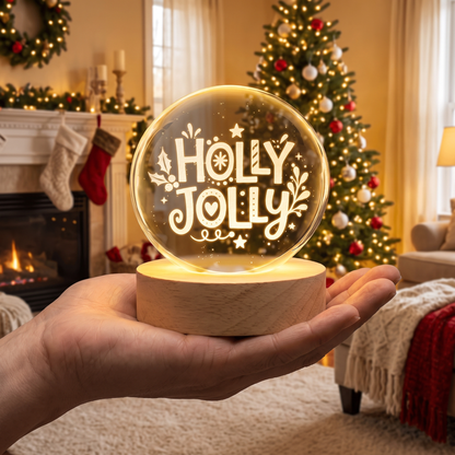 Custom Holly Jolly Typography 3D Laser Engraved Crystal Ball with LED Wooden Standee, Personalized Name Holiday Night Light Keepsake