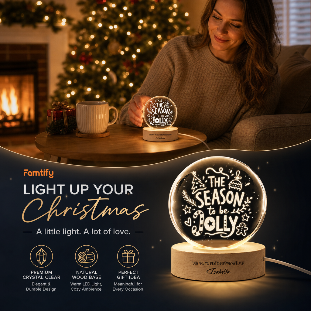 Custom Season To Be Jolly Typography 3D Laser Engraved Crystal Ball with LED Wooden Standee, Personalized Name Holiday Night Light Keepsake