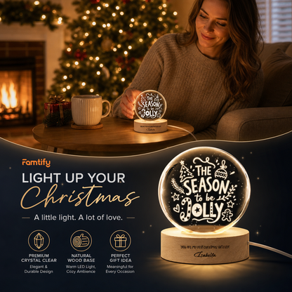 Custom Season To Be Jolly Typography 3D Laser Engraved Crystal Ball with LED Wooden Standee, Personalized Name Holiday Night Light Keepsake