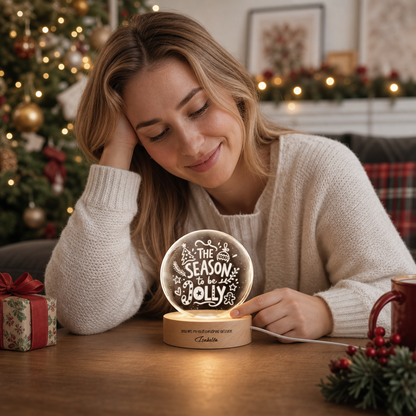 Custom Season To Be Jolly Typography 3D Laser Engraved Crystal Ball with LED Wooden Standee, Personalized Name Holiday Night Light Keepsake