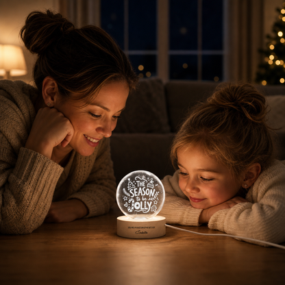 Custom Season To Be Jolly Typography 3D Laser Engraved Crystal Ball with LED Wooden Standee, Personalized Name Holiday Night Light Keepsake