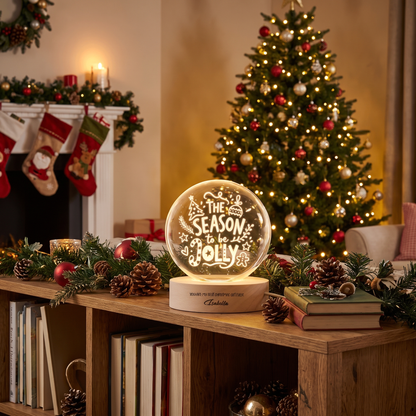 Custom Season To Be Jolly Typography 3D Laser Engraved Crystal Ball with LED Wooden Standee, Personalized Name Holiday Night Light Keepsake