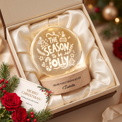 Custom Season To Be Jolly Typography 3D Laser Engraved Crystal Ball with LED Wooden Standee, Personalized Name Holiday Night Light Keepsake