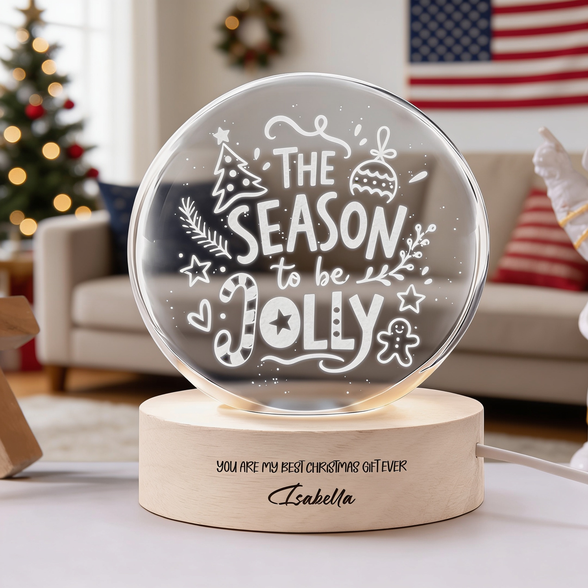 Custom Season To Be Jolly Typography 3D Laser Engraved Crystal Ball with LED Wooden Standee, Personalized Name Holiday Night Light Keepsake